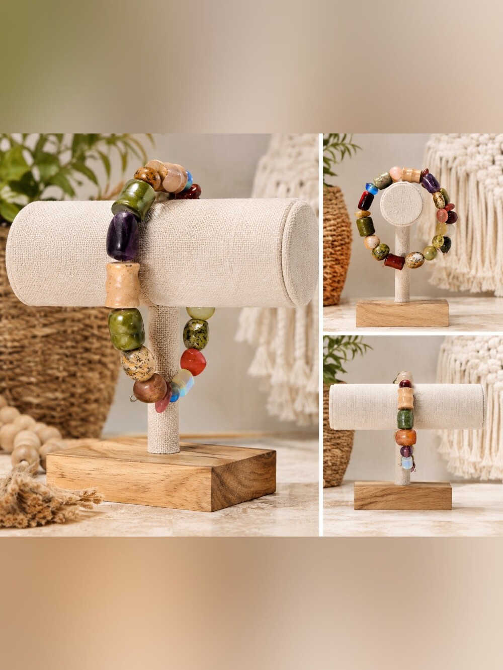 Adjustable Multicolor Natural Stone Beaded Bracelet Boho Artisan Statement - Picture 3 of 7